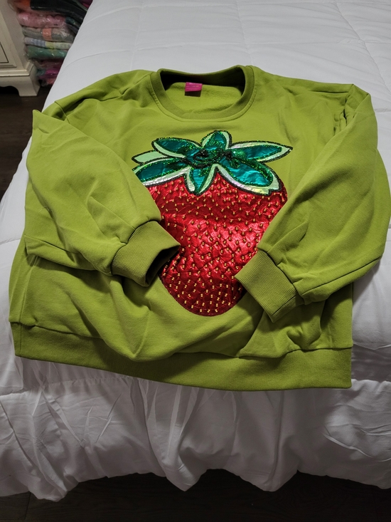 QUEEN OF SPARKLES Tops - Queen Of Sparkles Green Sweatshirt with Sequin Strawberry Motif